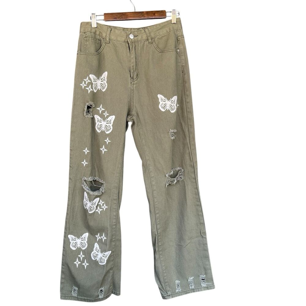 Shein Womens Butterflies Jeans Large Green Distressed Boho Denim Cotton Festival